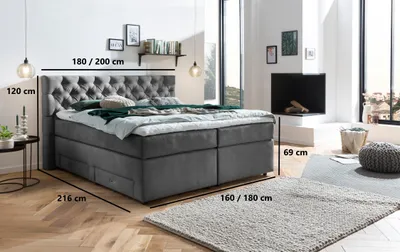 Produktbild von Belanoti LARA Boxspringbett 160x200 mit 4 Schubladen Stauraum Bett 160x200 mit Bettkasten in der Farbe Dunkelgrau H2 und H3 Chesterfield Kopfteil 7-Zonen Taschenfederkern Matratze inkl. Visco Topper