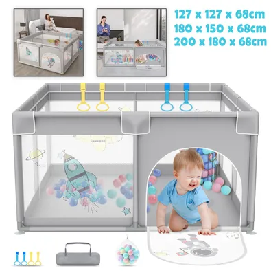 Productafbeelding van QEENTOE Babylooprek, 300D Oxford met anti-botsingsschuim, ademend net, rits, grijs, geschikt voor binnen en buiten (180x200x65 cm)