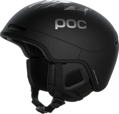A black POC ski helmet is shown from a side angle against a white background.