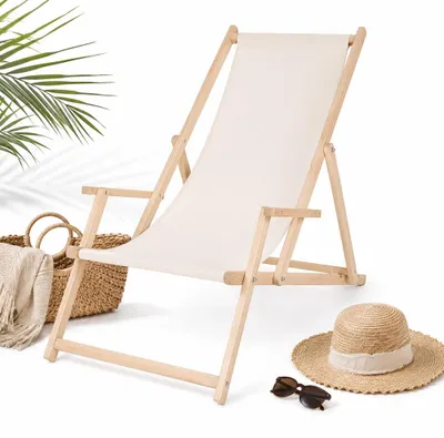 Image de Mucola chaise de plage avec accoudoirs chaise longue de plage en bois pliable chaise longue de jardin chaise longue pliante - Beige