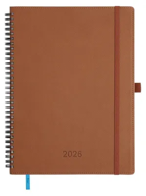 Image de Agenda hebdomadaire 2026, format A4, reliée en spirale, dimensions 29x21,7 cm, couverture en cuir synthétique (PU), couleur marron, une semaine par double page, papier de 100 g/m², avec boucle pour stylo