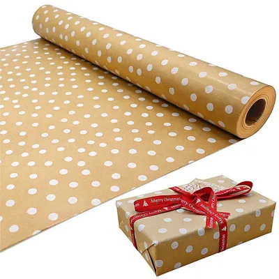 Obrázok produktu pre 25 metrová rolka kraftpapieru s bielymi bodkami, vhodná na balenie darčekov