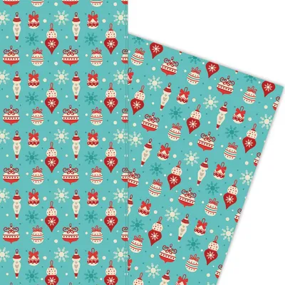 Produktbild von Fröhliches Weihnachts Geschenkpapier mit Weihnachtsschmuck auf hellblau - G5945, 32 x 48cm
