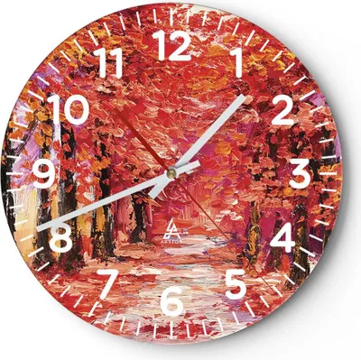 Produktbild von Wanduhr - Rund - Glasuhr - Herbst Park Allee - 30x30cm - Schleichendes Uhrwerk - Lautlos - zum Aufhängen bereit - Dekoration Modern - Wanddekoration aus Glas - C4AR30x30-4292