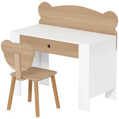 Image de Bureau pour enfant en forme d'ours, ensemble avec chaise, bureau pour enfant avec tiroir, bois naturel | MDF et pin | 3-8 ans | 80x41x74,5 cm