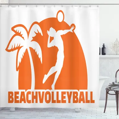 Immagine prodotto di ABAKUHAUS Tenda da doccia per pallavolo, silhouette di un uomo che gioca a beach volley, tipografia e una palma, 175 x 220 cm, vermiglio e bianco