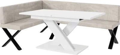 Produktbild von MEBLINI Eckbank für Esszimmer mit ausziehbarem Tisch  - Küchenbank - Essecke - Sitzecke Küche - TONI - X-Beine 142x196x87cm Links - Beige Samt/B Weiß Matt