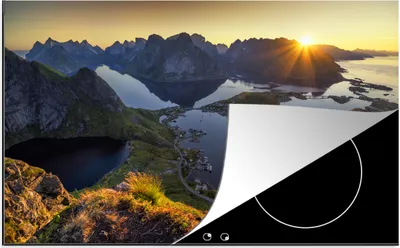 Produktbild von KitchenYeah© Herdabdeckplatte Sonnenuntergang auf den Lofoten , 81x52cm, Küche Deko, Glaskeramikkochfeld Herdabdeckung, Abdeckplatte fùr Kochfeld