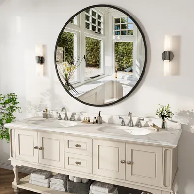 Produktbild von ProximaX Runder Wandspiegel Ø 75 cm Schwarz, Badspiegel mit Aluminiumrahmen, verzerrungsfreies Sicherheitsglas, zur Wandmontage