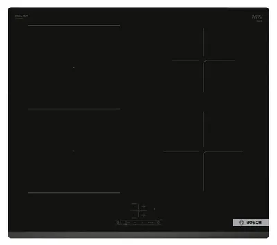 A top-down view of a black Bosch induction cooktop.