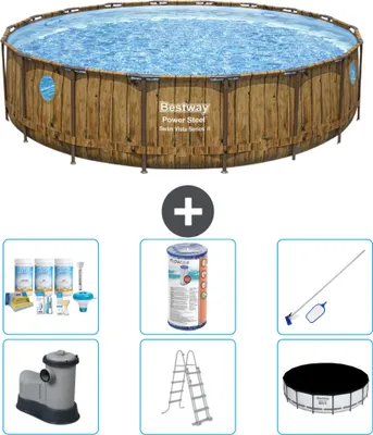 Produktbild von Bestway Round Power Steel Swim Vista Schwimmbad – Holzdruck – 549 x 122 – inklusive Pumpe – Leiter – Abdeckung Wartungspaket - Filter - Reinigungskit