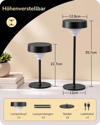 Produktbild von EDISHINE Tischlampe Kabellos, mit Digitalanzeige, LED Touch Dimmbar, 3 Farbtemperaturen, 5000 mAh, ≥15 Std., USB-A aufladbar, IP54 wasserdicht
