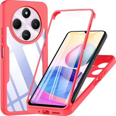 A red and transparent phone case is shown disassembled, with a phone inside the back part of the case and the front frame placed next to it.