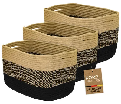 Produktbild von HMF Aufbewahrungskorb mit versteckten Griffen, 3er Set, Korb aus Baumwolle | 37,5 x 25 x 22,5 cm | Schwarz-Honig, KI-generiertes Bild