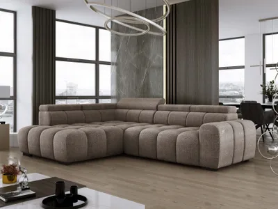 Image de DomoHome Canapé d'angle indépendant Ombo 297x137cm, en L, GRIS avec fonction sommeil 125x193cm, Canapé avec dossier réglable, tissu structuré Eden, appuie-tête réglable