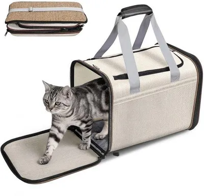 Obrázok produktu pre Uniqoos® Skladacia, priedušná prepravná taška pre mačky a malé psy do 10 kg – 38 x 30 x 30 cm, vyrobená z juty a sisalu, s rúčkou na nosenie a popruhom cez rameno