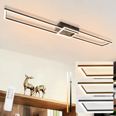 A modern rectangular ceiling light fixture with integrated LED lighting, shown installed on a ceiling. The image also includes decorative items on a shelf below, and inset images showing different color temperature options for the light.