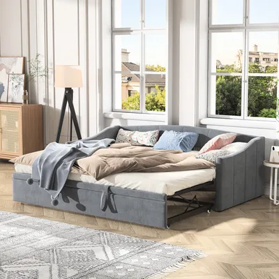 Produktbild von Ausziehbares Gästebett 90/180 x 200 cm – Lattenrost – Samtbezug – Grau