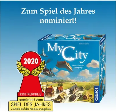 A board game box is shown with promotional text and awards.