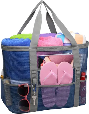 Produktbild von Mesh Strandtasche 1 Stück, Extra Große Leichte Strandtasche Mit 9 Taschen Für Strand, Pool Und Picknick