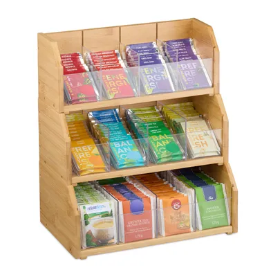 Zdjęcie produktu dla Organizer na herbatę Relaxdays, 12 przegródek, bambus, wymiary: 36 x 31 x 19 cm, na herbatę i kapsułki z kawą, pojemnik na torebki herbaty z przegrodami, kolor naturalny