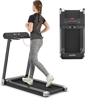 A woman is running on a black treadmill. The treadmill is shown from the side and a folded version is shown in the upper right corner.