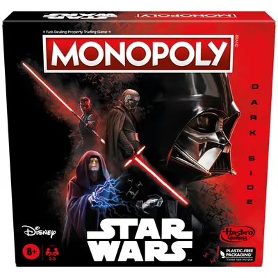 The image shows the front of a Star Wars Monopoly board game box, featuring characters from the Dark Side.