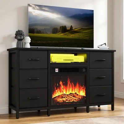 Produktbild von YITAHOME Elektrokamin mit Heizung, 2000 W, TV Schrank mit Kamin, 6 Schubladen, 3D-Flammeneffekt, Schubladenschrank, Schwarz