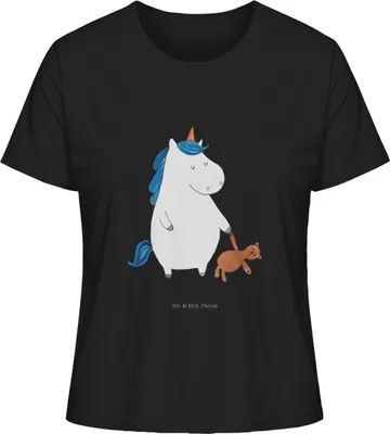 Produktbild von Mr. & Mrs. Panda Shirt Damen Einhorn Teddy Größe L - Schwarz - Geschenk, Gute Nacht, Basic T-Shirt, Bett, Unicorn, Einhörner, schlafen, Frauen, Kurzarmshirt, Oberteil