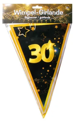 Geburtstagsgirlande 10 m, 15 Wimpel, schwarz/gold, 30. Geburtstag