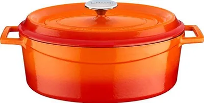 An orange enameled cast iron Dutch oven with a silver lid handle.