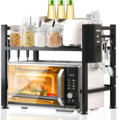 Immagine prodotto di Portaforno a microonde estensibile, da 37 a 61 cm, con 2 ripiani, 6 ganci, per la cucina, colore nero