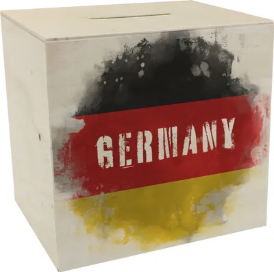 Produktbild von Spardose aus Holz mit Deutschland-Flagge im Used Look - Sparschwein für Urlauber