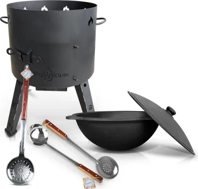Produktbild von Set - Uchag Feuerofen - KasanoFF, 16 Liter, Ø 44 cm + Gusseisenkessel, runder Boden, Ø 46,5 cm, 16 l + Schaumlöffel 64 cm + Schöpfkelle 48 cm