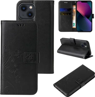 A collage of images showing a black floral patterned flip phone case for an Apple iPhone 14.