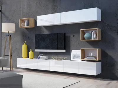 Produktbild von Wohnwand CALABRINI-31 Wohnzimmer-Set Hängewohnwand Schrankwand Schrank TV-Schrank Moderne Anbauwand Hochglanz (Weiß / Goldene Eiche)