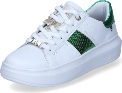 A white sneaker with green accents and a dragonfly charm.