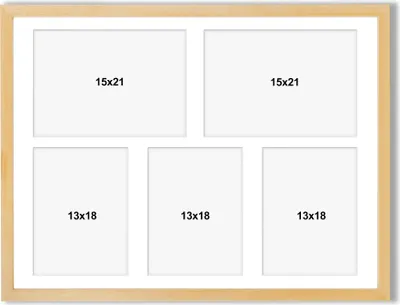 Produktbild von aFFa frames Tisar, Bilderrahmen aus Holz, Acrylglasfront, Mehrfach Bilderrahmen, Bildergalerie, Fotogalerie mit Passepartout, 5 Foto-Ausschnitten für 2 Fotos 15x21 cm und 3 Fotos 13x18 cm Naturbelassen, 40x50 cm