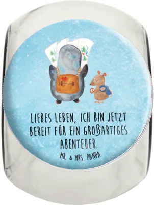 Produktbild von Mr. & Mrs. Panda Bonbonglas Pinguin & Maus Wanderer XL 2000ml - Eisblau - Geschenk, Kaffeedose, Abenteuer, Wandern, Vorratsbehälter, gewürzglas, Lebensmittelbehälter