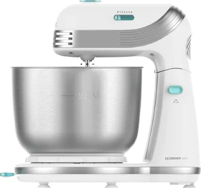 A white stand mixer with a silver bowl and teal accents, shown on a white background.