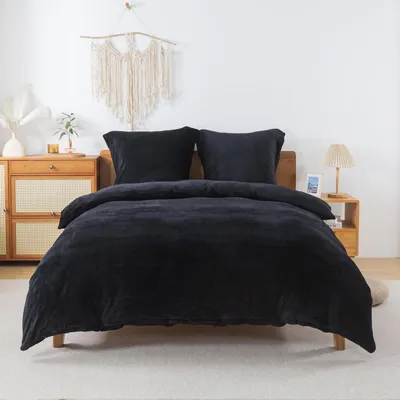 Immagine prodotto di Set di biancheria da letto in pile, 200x220 cm, nero, 3 pezzi: copripiumino caldo e morbido in pile e 2 federe 80x80 cm