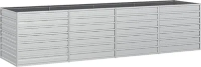 A long, rectangular, silver planter box with a corrugated texture.