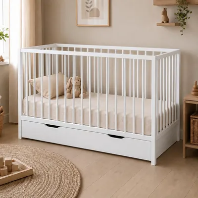 Produktbild von Kids Collective Babybett Kinderbett Beistellbett | Modulares Gitterbett Lattenrost 3-fach höhenverstellbar & abnehmbare Sprossen | Baby Bett Holz Kinderzimmer | 120x60 cm | Weiß, KI-generiertes Bild