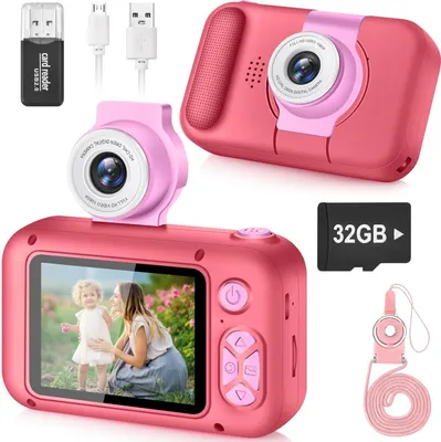 Zdjęcie produktu dla Aparat fotograficzny dla dziewcząt i chłopców w wieku 3–12 lat, aparat 1080P z obiektywem obracanym o 180°, ekran IPS 2,4 cala, pamięć 32 GB, gry i filtry