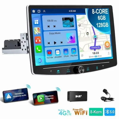 Produktbild von Autoradio 1 DIN 10 Zoll Touchscreen Android 14 GPS Navi DAB+ Bluetooth USB Freisprechanlage Lenkradsteuerung drehbarer Bildschirm 360 Grad 6GB 128GB