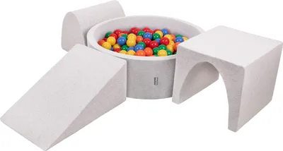 Obrázok produktu pre KiddyMoon Mäkké penové ihrisko pre deti s guľatým loptičkovým ihriskom (200 ∅ 7 cm) s mäkkými prekážkami a loptičkovým bazénom,  vyrobené v EÚ, Svetlo sivá:Žltá/Zelená/Modrá/Červená/Orang