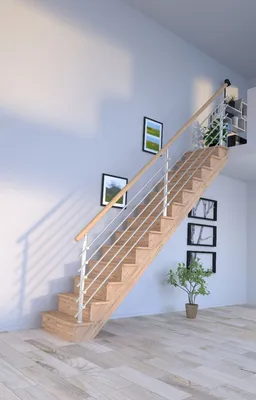 Produktbild von Holztreppe Lindos (Eiche) in gerader Ausführung-100 cm-Design Geländer Edelstahl-mit Setzstufen