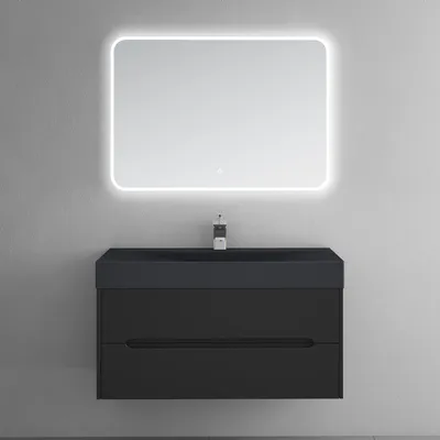 A modern wall-mounted bathroom vanity with a sink and a backlit mirror.