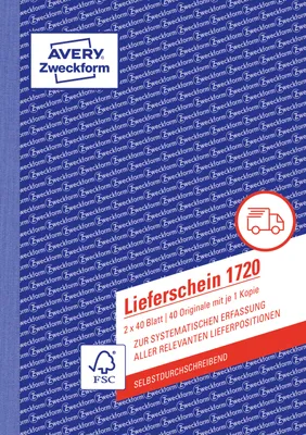 Image de Avery Zweckform® 1720 Bon de livraison, DIN A5, autocopiant, 2 x 40 feuilles, blanc, jaune
