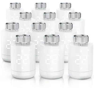 Produktbild von Brandson WLAN-Heizkörperthermostat 12er Set mit App, 7-Tage-Programm, LED-Display, Drehregler, Fenster-Offen-Erkennung, Frostschutz, Heizungsthermostat, 12 Stück, weiß